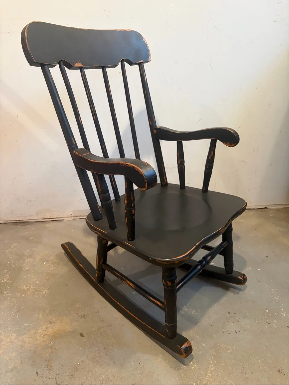 Classic children’s Black Distressed Wooden Rocking Chair - Unbranded